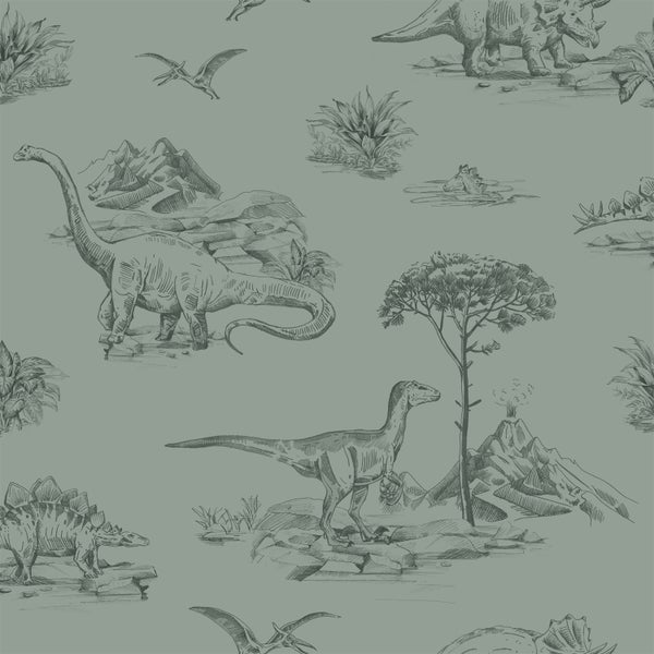 ESTAhome Tapete Dinosaurier Graugrün - 53 cm x 10.05 m - 139358