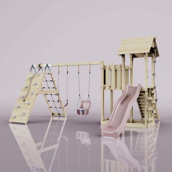 Modernes Seilsystem mit Spotlights über einer zweifarbig gestalteten Wand mit horizontaler Holzleiter, Papasansessel und Zimmerpflanzen.