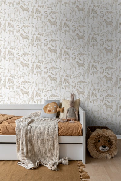 ESTAhome Tapete Dschungeltiere Weiß und Beige - 0.53 x 10.05 m - 139690