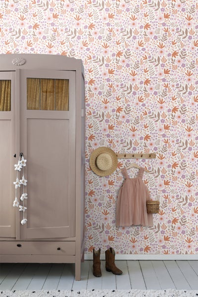 ESTAhome Tapete Blumen Orange und Lila - 50 x 900 cm - 131067