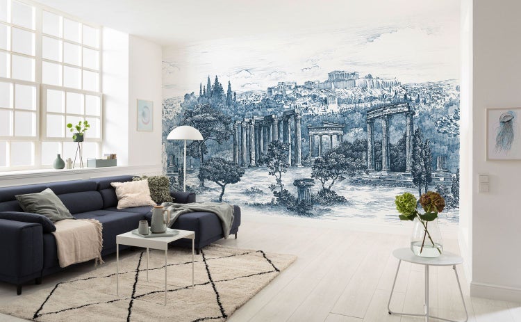 Wohnzimmer mit Fototapete eines antiken griechischen Stadtbildes