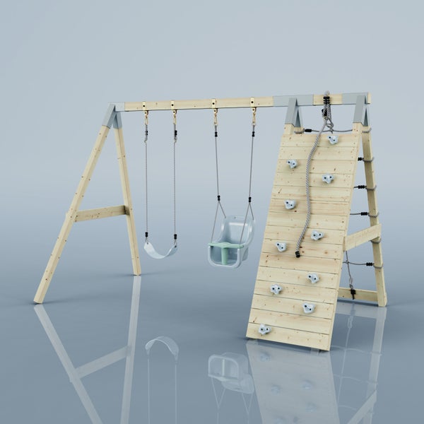 Kinderspielturm aus Holz mit Schaukel, Babyschaukel, Kletterwand mit Griffen, Kletterseil und Strickleiter.