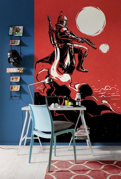 Modernes Arbeitszimmer mit Star Wars Wandbild, Schreibtisch, Stuhl und Bücherregal