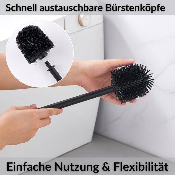 Toilettenbürste mit austauschbarem Bürstenkopf aus Silikon und Schraubverbindung.