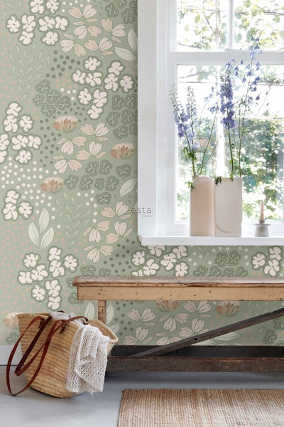 ESTAhome Fototapete Blumenmuster Mintgrün - 150 x 279 cm - 159212