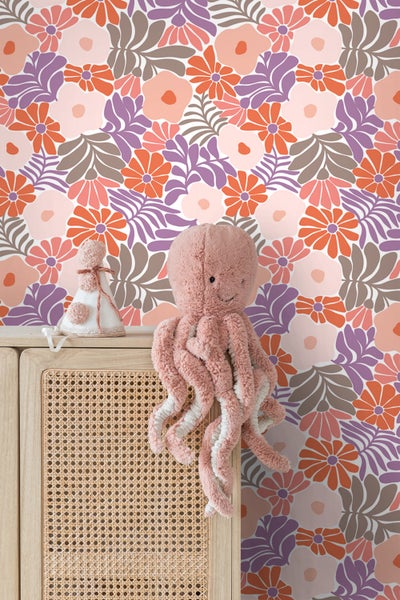 ESTAhome Tapete Blumen im Matisse-Stil Lila und Orange - 50 x 900 cm - 131007