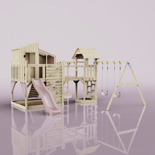 Spielplatz aus Holz mit Rutsche und Schaukel