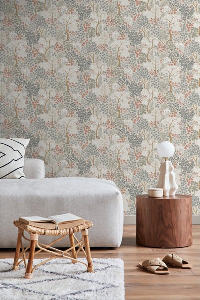 ESTAhome Tapete Bäumen und Blumen Graugrün und Terrakotta - 50 x 900 cm - 131187