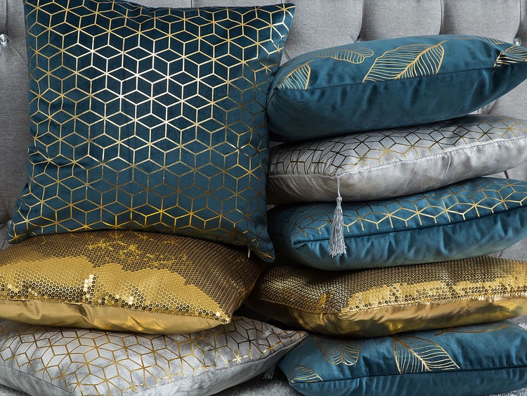 Dekokissen 2er Set FREESIA Samtstoff 45 x 45 cm Blaugrün Pflanzenmuster