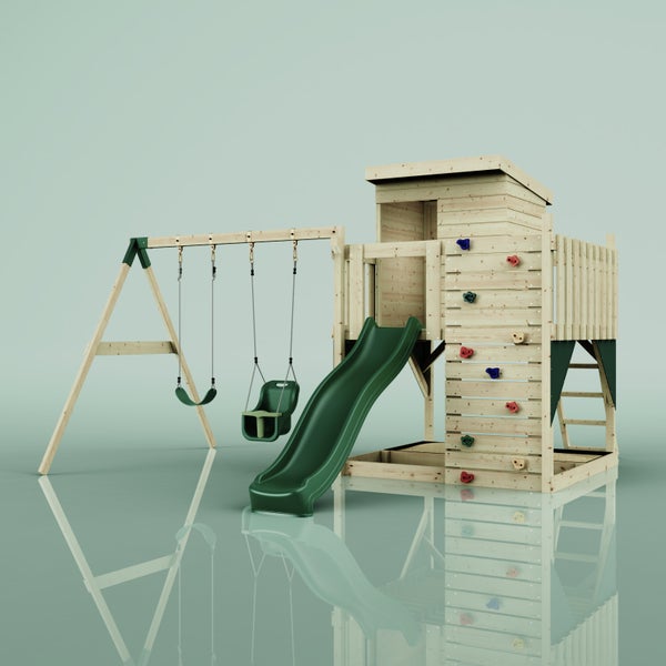 Spielturm aus Holz für Kinder mit Wellenrutsche, Doppelschaukel, Kletterwand, Leiter und integriertem Sandkasten.