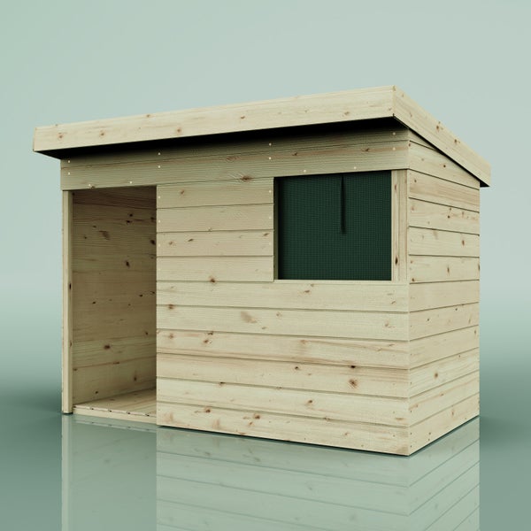 Kleines Gartenhaus aus Holz mit Pultdach, offenem Eingang und Fenster mit Insektenschutzgitter.