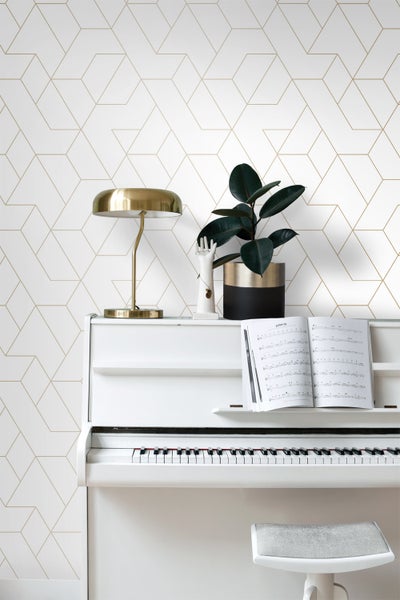 ESTAhome Tapete grafische Linien Weiß und Gold - 50 x 900 cm - 139950