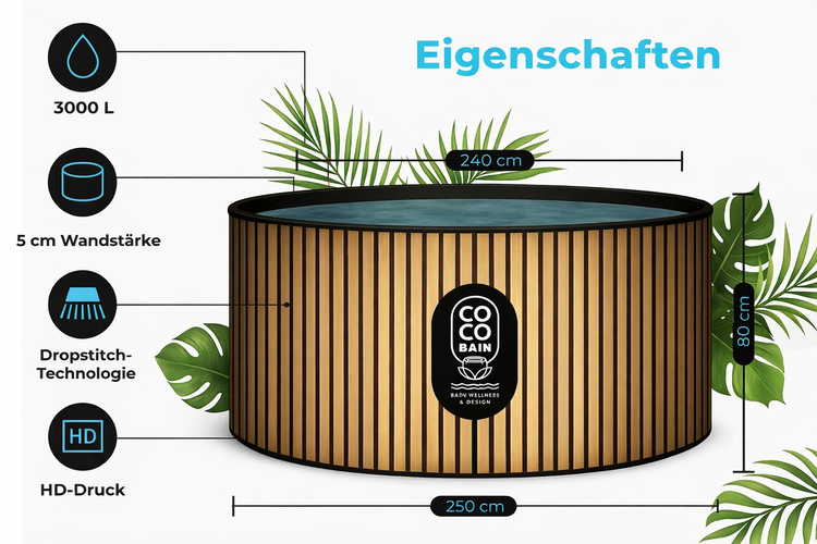 Coco Bain Logo, Badezuber Holzoptik: 3000 Liter, 5 Zentimeter Wandstärke, Dropstitch, HD-Druck, Durchmesser 250 Zentimeter, Höhe 80 Zentimeter.