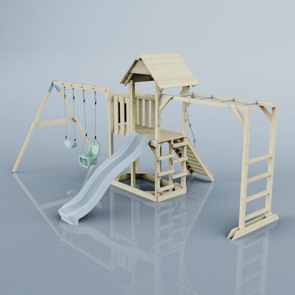 Spielplatz mit Schaukeln, Rutsche, Kletterwand und Spielhaus aus Holz