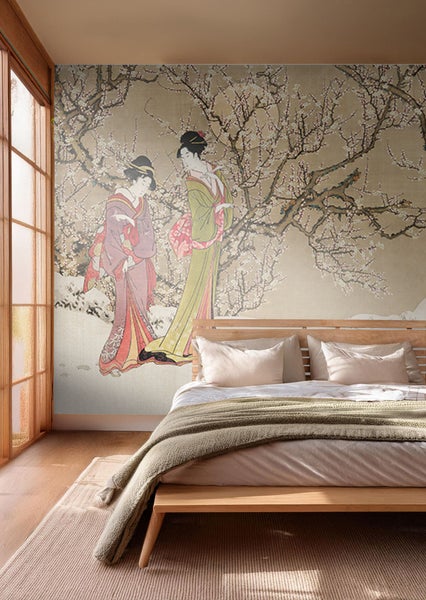 Schlafzimmer mit Tapete im japanischen Stil mit Frauendarstellung