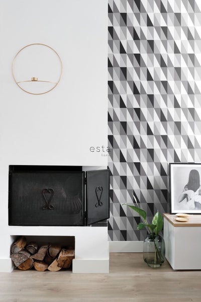 ESTAhome Tapete grafische Dreiecke Schwarz, Grau und Weiß - 53 cm x 10.05 m - 139121