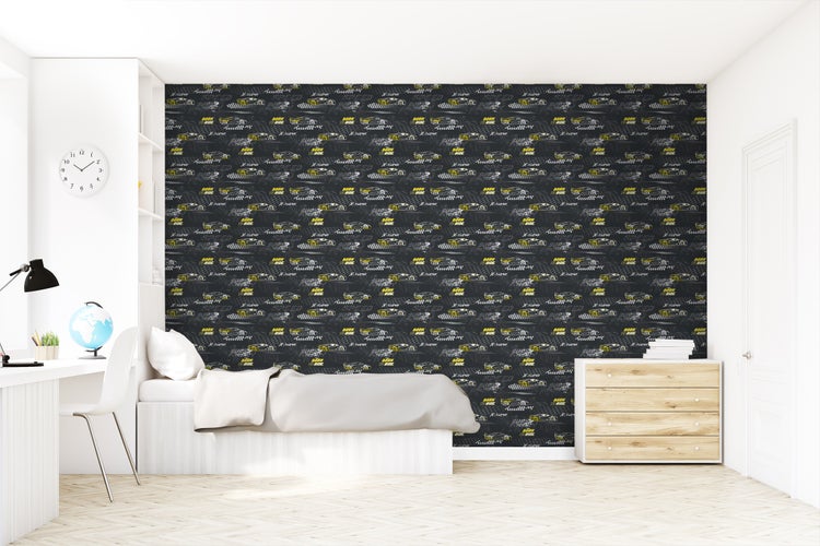 Sanders und Sanders Tapete Rennwagen Gelb und Schwarz-Weiß - 50 x 900 cm - 935365