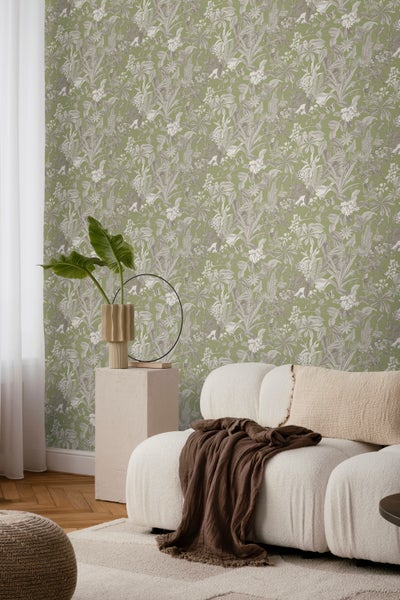 Sanders und Sanders Tapete tropische Blätter und Blüten Graugrün - 53 cm x 10 m - 640244