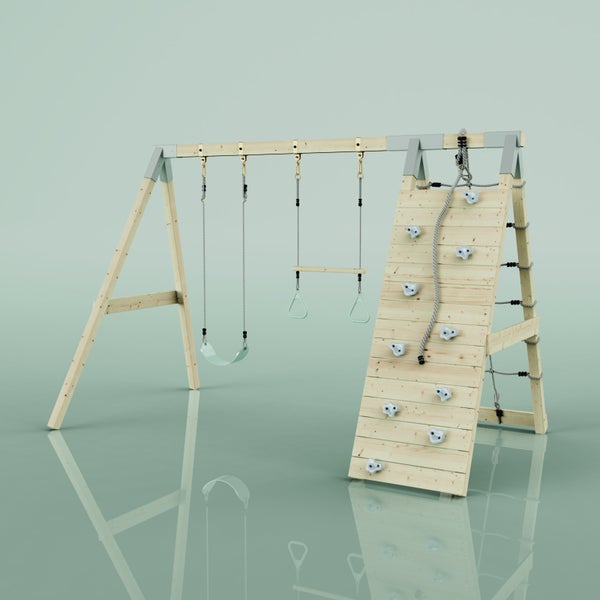Schaukelgestell aus Holz mit Kletterwand, Klettergriffen, Kletterseil, Trapezstange und einer Einzelschaukel für den Garten.