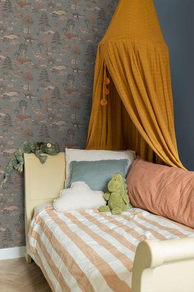 ESTAhome Tapete Dinosaurier Graublau und Braun - 50 x 900 cm - 131656