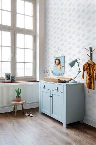 ESTAhome Tapete gestempelte Wolken Hellblau und Weiß - 53 cm x 10.05 m - 138930