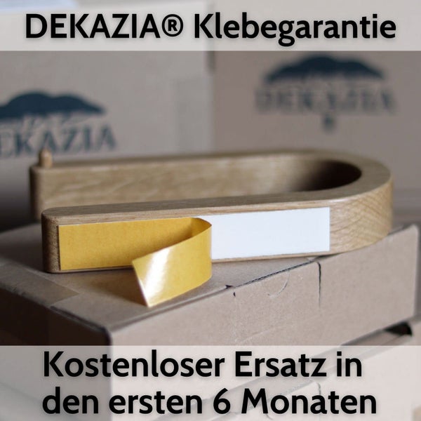 Dekazia Klebegarantie für selbstklebende Holzprodukte, kostenloser Ersatz in den ersten sechs Monaten.