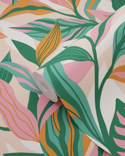 ESTAhome Tapete tropische Blätter Türkis, Rosa und Orange - 50 x 900 cm - 131044