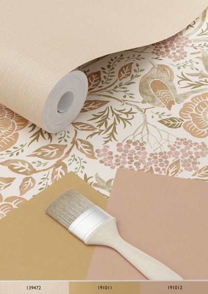 ESTAhome Tapete Blumen und Vögel im Jugendstil Sandbraun, Beige und Altrosa - 53 cm x 10.05 m - 139566