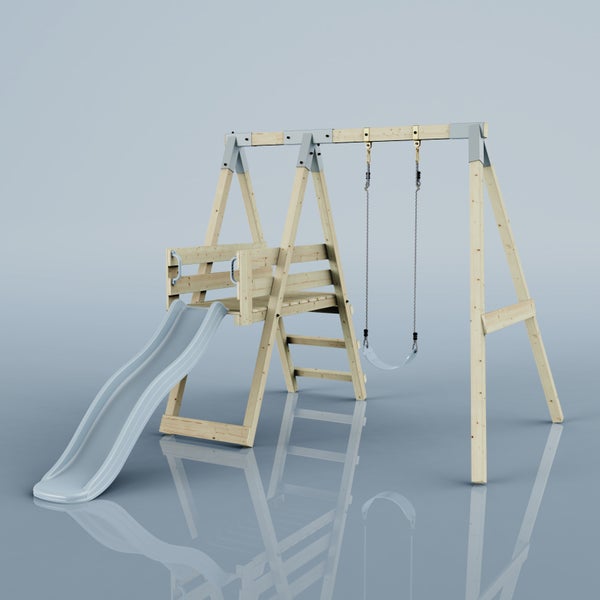 Kinderschaukel aus Holz mit einer Einzelschaukel, Leiter, Podest und Rutsche.