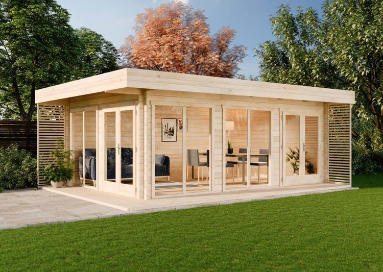 Alpholz Gardenlounge Viva B Gartenhaus aus Holz, Holzhaus mit 70 mm Wandstärke inklusive Terrasse FSC zertifiziert, Blockbohlenhaus mit Montagematerial, Naturbelassen 4,9x6,7m