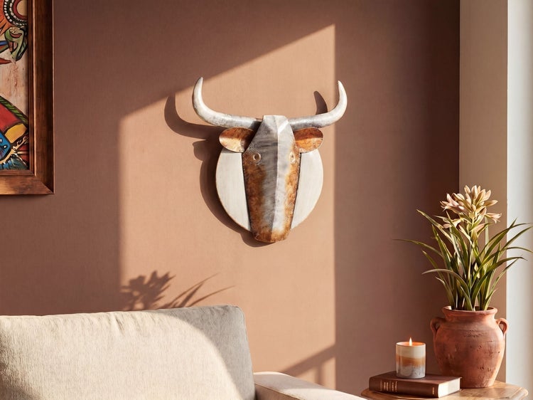 Wanddekoration aus Metall in Form eines Stierkopfes in einem hellen Wohnzimmer mit Sofa, Pflanze und Kerze.