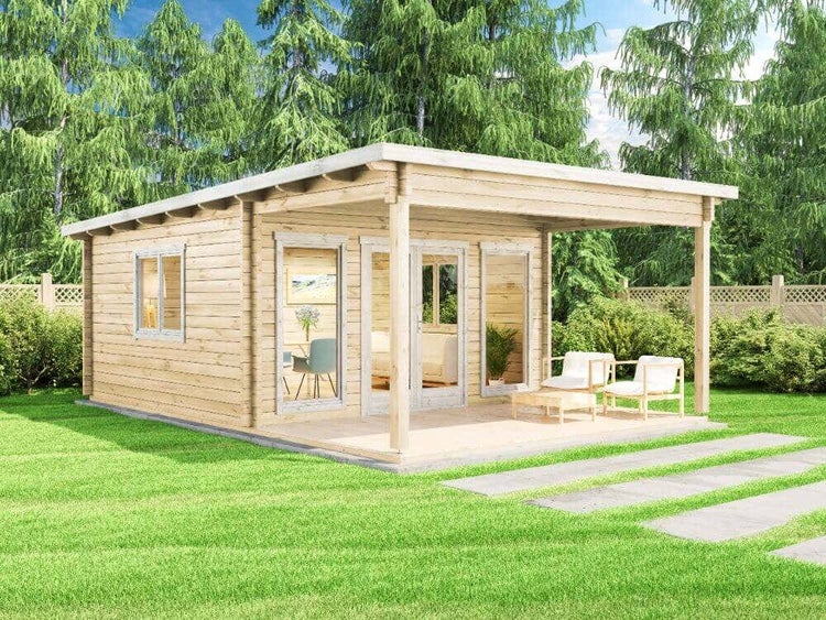 Alpholz Garten-und Freizeithaus Carroz-Modern Petite ISO Blockhaus aus Holz Holzhaus mit 70 mm Wandstärke inklusive Terrasse, Blockbohlenhaus imprägniert 4,7x7,2m