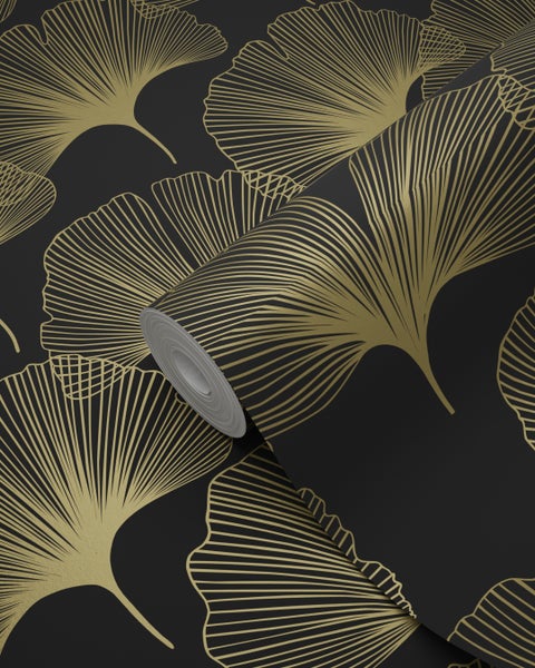 Origin Wallcoverings Tapete Ginkgoblätter Schwarz und Gold - 53 cm x 10.05 m - 347734