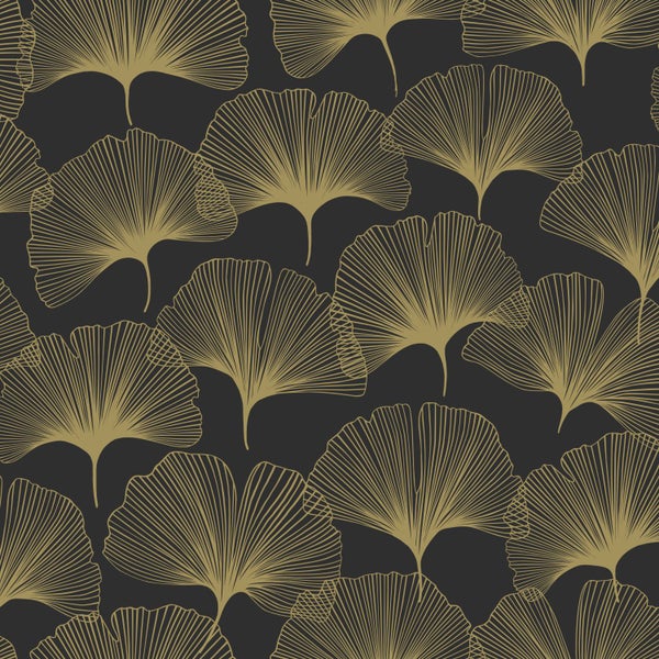 Origin Wallcoverings Tapete Ginkgoblätter Schwarz und Gold - 53 cm x 10.05 m - 347734