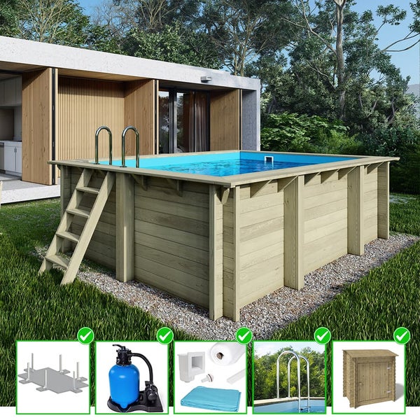 Holzpool mit Leiter, Poolfolie, Sandfilteranlage und Zubehör