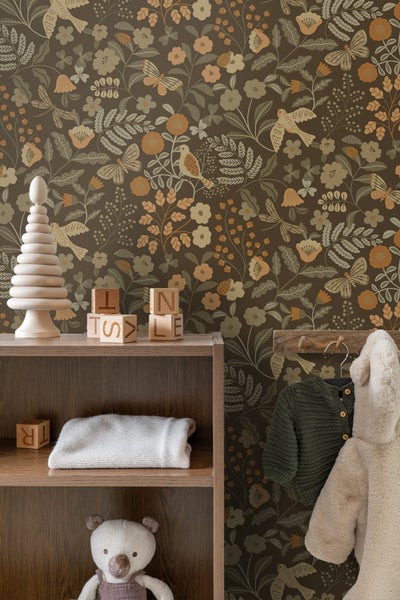 ESTAhome Tapete Blumen und Vögel Graugrün, Braun und Ockergelb - 50 x 900 cm - 131466