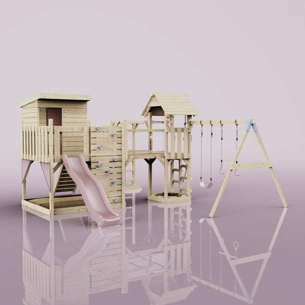 Holzspielplatz mit Rutsche, Schaukel und Kletterwand für Kinder