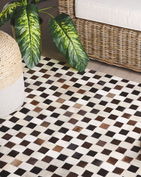 Dekoratives Wohnzimmer mit Teppich im Rautenmuster, Korbsessel und Zimmerpflanze