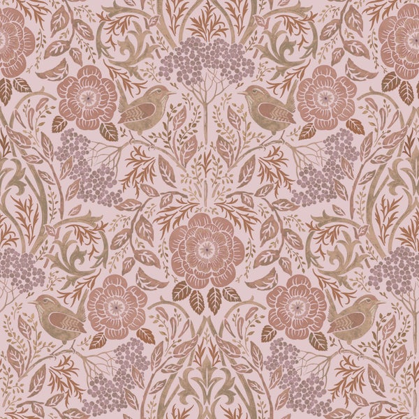 ESTAhome Tapete Blumen und Vögel Violett und Terrakottarosa - 53 cm x 10.05 m - 139830