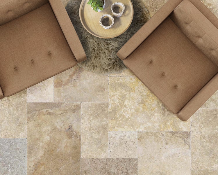 Wohnrausch Travertin Fliesen SUNLIGHT GOLD Römischer Verband 1,2 cm, getrommelt, gelb, beige