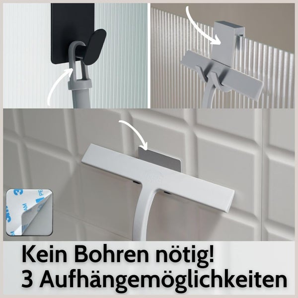 Duschabzieher mit drei Aufhängemöglichkeiten ohne Bohren: Haken für die Glaswand, Überhänghaken und Klebehalterung auf Fliesen.