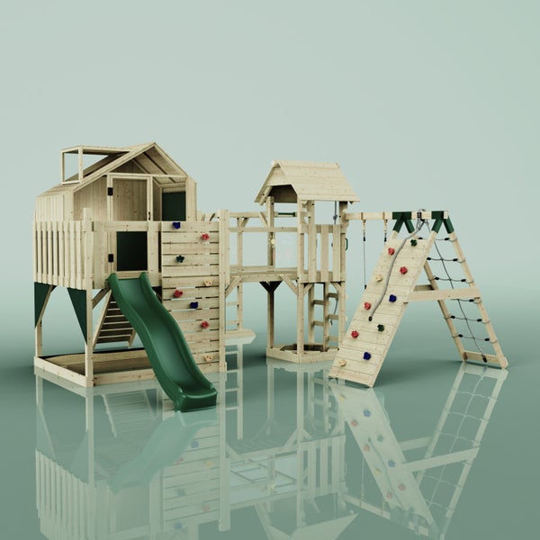 Spielturm aus Holz mit Rutsche, Kletterwand und Hängebrücke