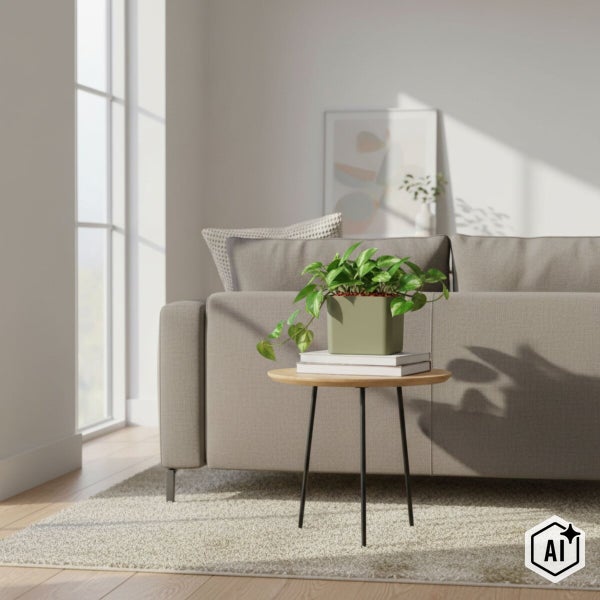 Quadratischer grüner Pflanztopf mit Efeutute auf einem runden Beistelltisch in einem hellen, modern eingerichteten Wohnzimmer mit Sofa.