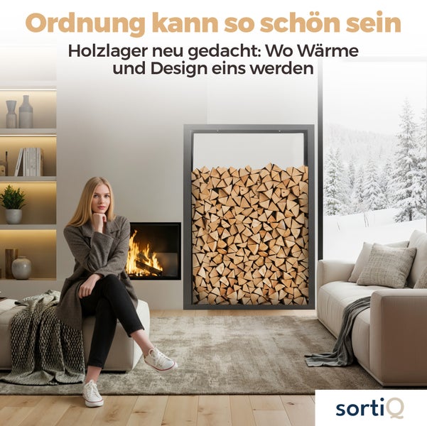 Wohnzimmer mit Kamin, Holzregal und Frau auf Ottomane