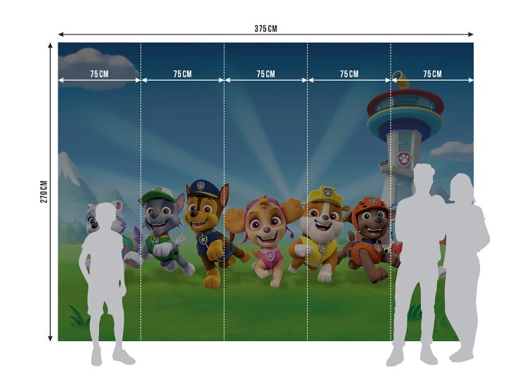 Paw Patrol Fototapete, 375 mal 270 Zentimeter, bestehend aus fünf Bahnen zu je 75 Zentimeter Breite, mit den Charakteren Chase, Skye und Rubble.