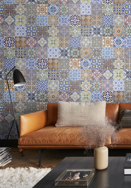 ESTAhome XXL-Vliestapete spanische Fliesen Blau, Orange, Grün und Beige - 50 x 900 cm - 158603