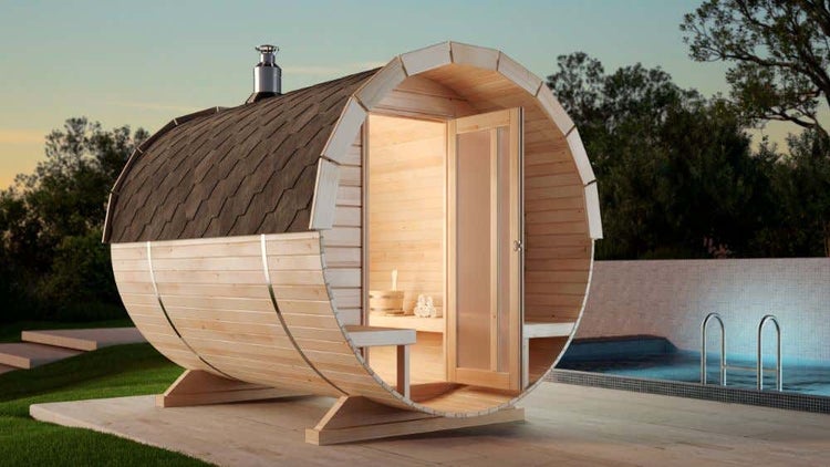 FinnTherm Fasssauna Carrie Fasssauna 2 Sitzbänke aus Holz, Sauna mit 42 mm Wandstärke, Außensauna mit Montagematerial, Naturbelassen