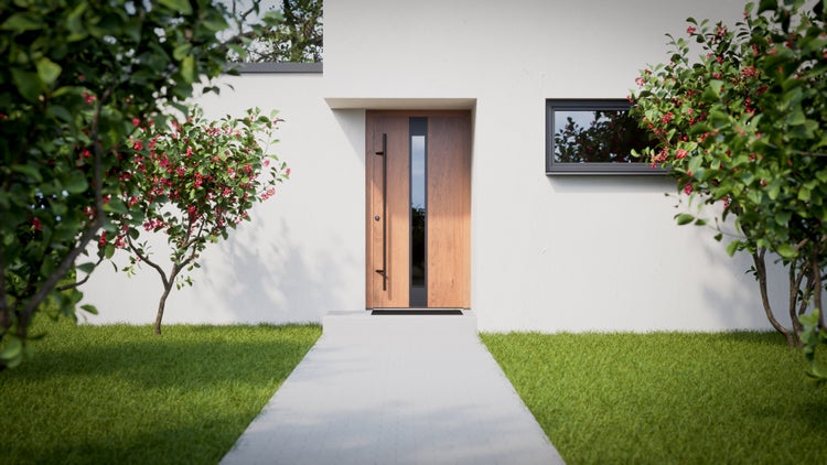 Moderne Hausfassade mit Haustür, Fenster und Grünanlage