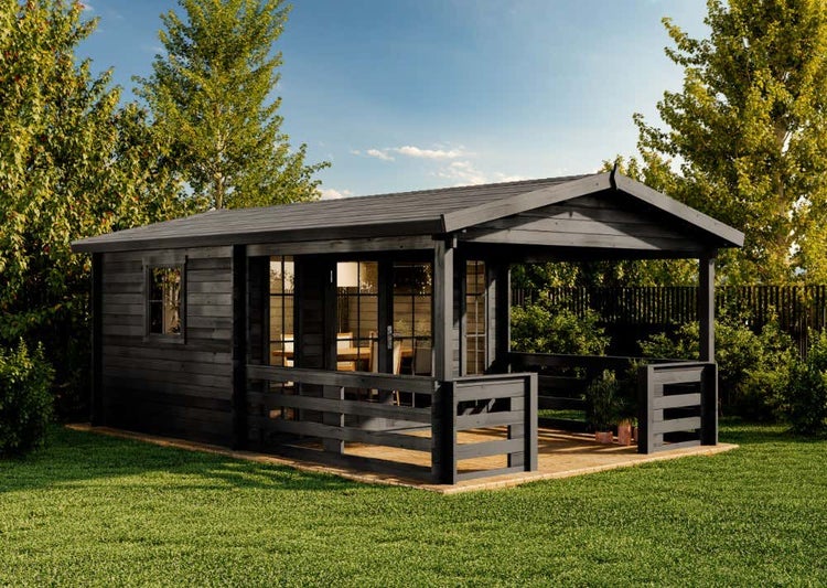 Alpholz Gartenhaus Lappland-40 B Gartenhaus aus Holz in Pinie, Holzhaus mit 40 mm Wandstärke inklusive Terrasse, Blockbohlenhaus mit Montagematerial imprägniert 3,8x5,9m