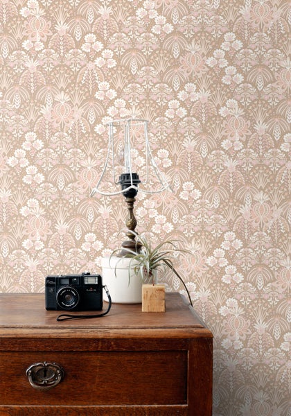 ESTAhome Tapete Blumenmuster im Jugendstil Hellrosa und Beige - 50 x 900 cm - 130968